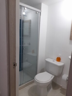 Regadera, secadora de cabello, toallas, jabón 