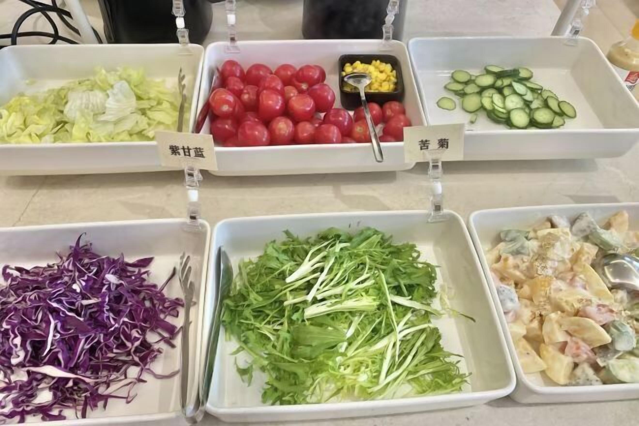 Un buffet con diversi cibi, tra cui cavolo, pomodori, cetrioli, cavolo viola, foglie verdi e un'insalata.