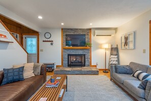 Smart TV, fireplace, books