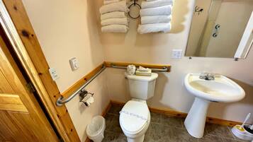 Combined shower/bathtub, hair dryer, towels, soap