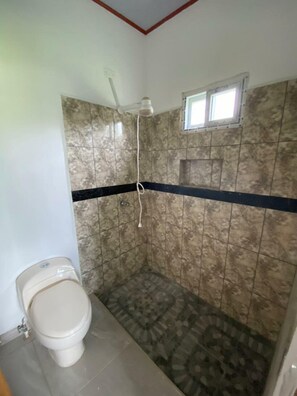 Chuveiro, toalhas de banho, sabonete, papel higiênico