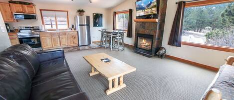 Televisión, chimenea, reproductor de DVD, videoteca