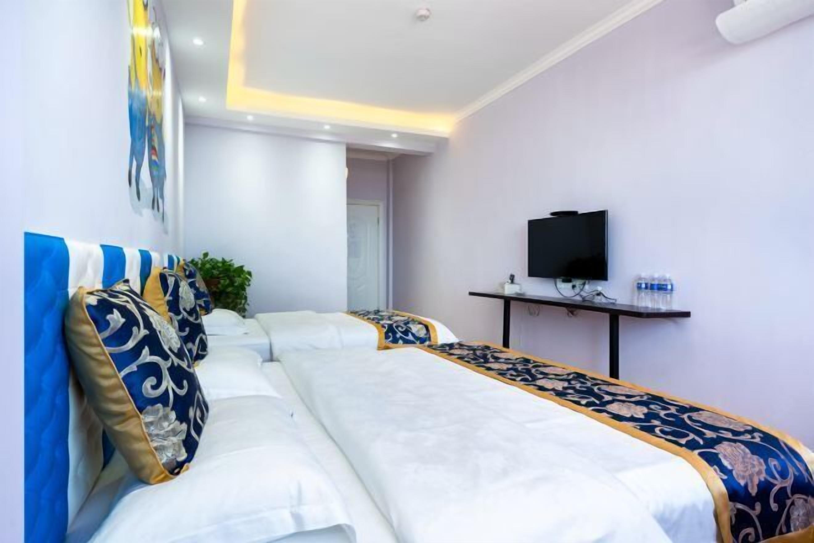 A hotel room with a bed, a television, and a small table with a plant.