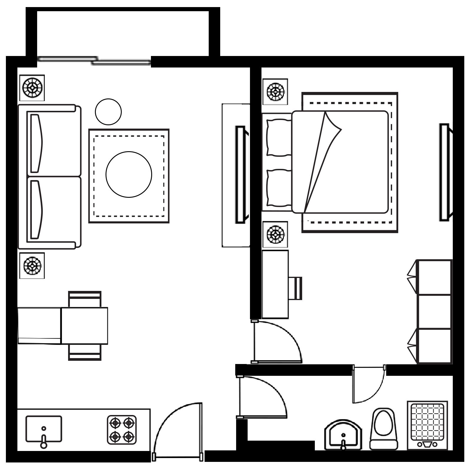 A floor plan of a hotel room with a kitchenette, a dining area, and a bathroom.