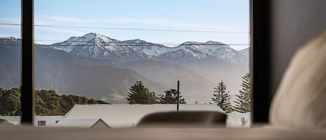 A view of snow-capped mountains through a window, with a building and trees in the foreground.