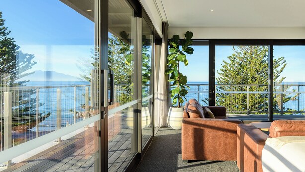 Un balcon moderne avec une rambarde en verre, une plante en pot et un canapé.