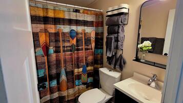 Dusche, Haartrockner, Handtücher, Toilettenpapier