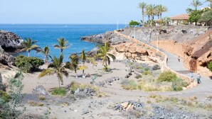 A coastal landscape with a rocky beach, palm trees, and a clear blue sea. - Beautiful Vacation Home with Sea Views in the Ocean Garden Complex (Adeje)