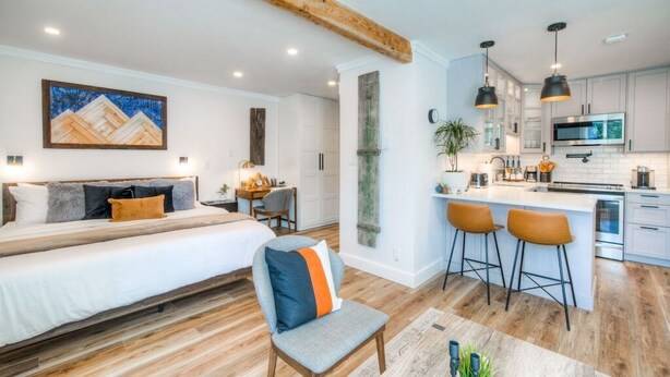 Een moderne hotelkamer met een groot bed, een zithoek, een kitchenette en een bar.