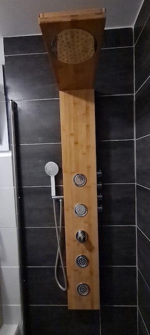Shower, free toiletries, hair dryer, towels