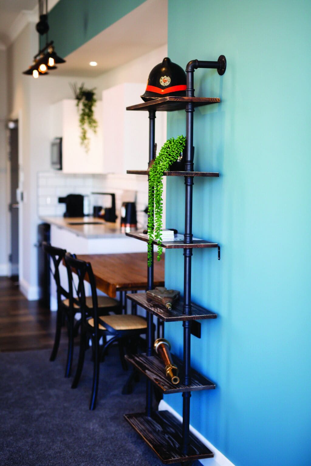 A modern kitchen with a teal accent wall, a black metal shelf unit with a helmet, and a hanging plant.