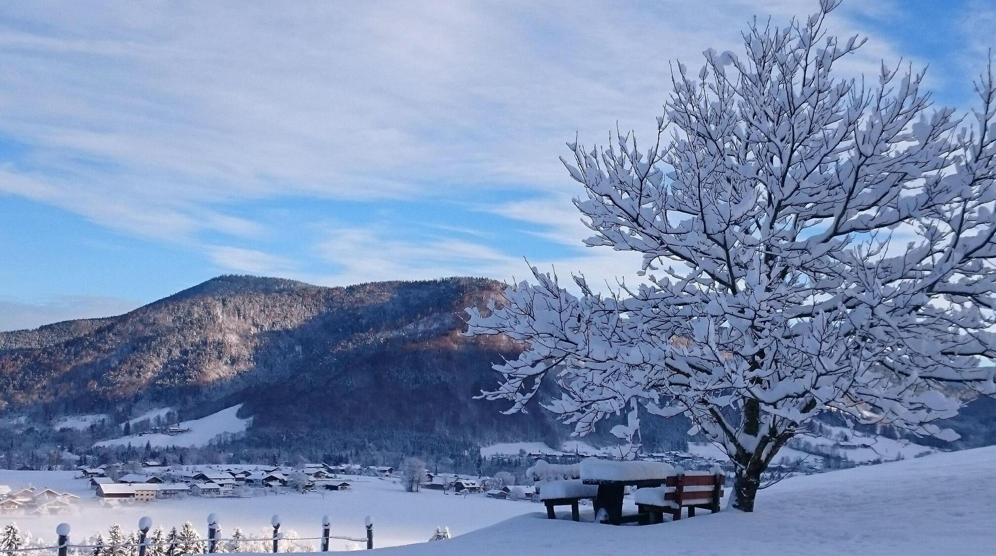 A snow-covered landscape with a bench and a tree in the foreground, a village in the middle ground, and mountains in the background.