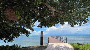 Un paseo marítimo de madera que conduce a una masa de agua, con un cartel y abundante vegetación.