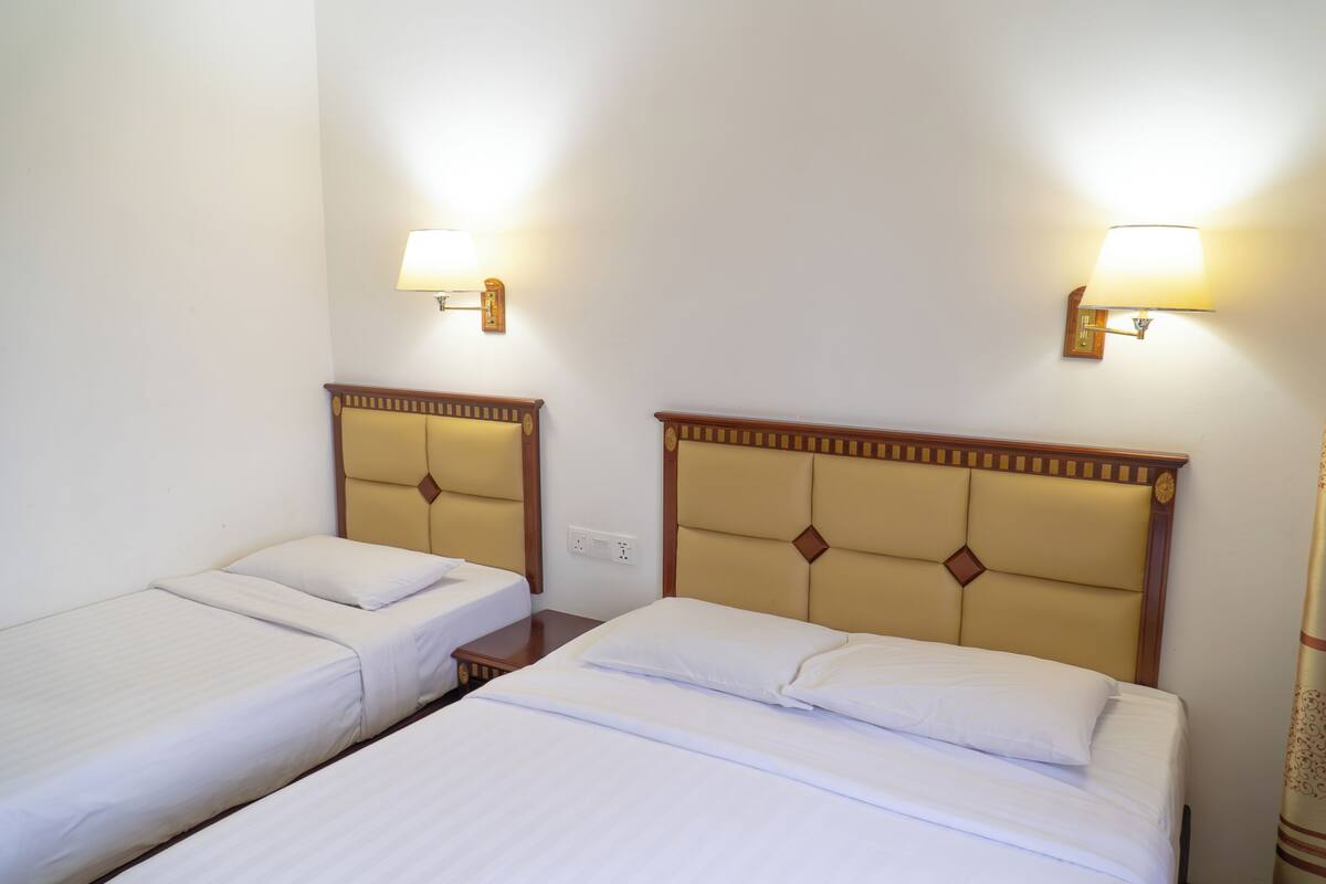 Deux lits simples avec des têtes de lit, des tables de chevet et des lampes fixées au mur, dans une chambre d’hôtel.