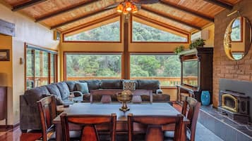 TV, fireplace, books, offices
