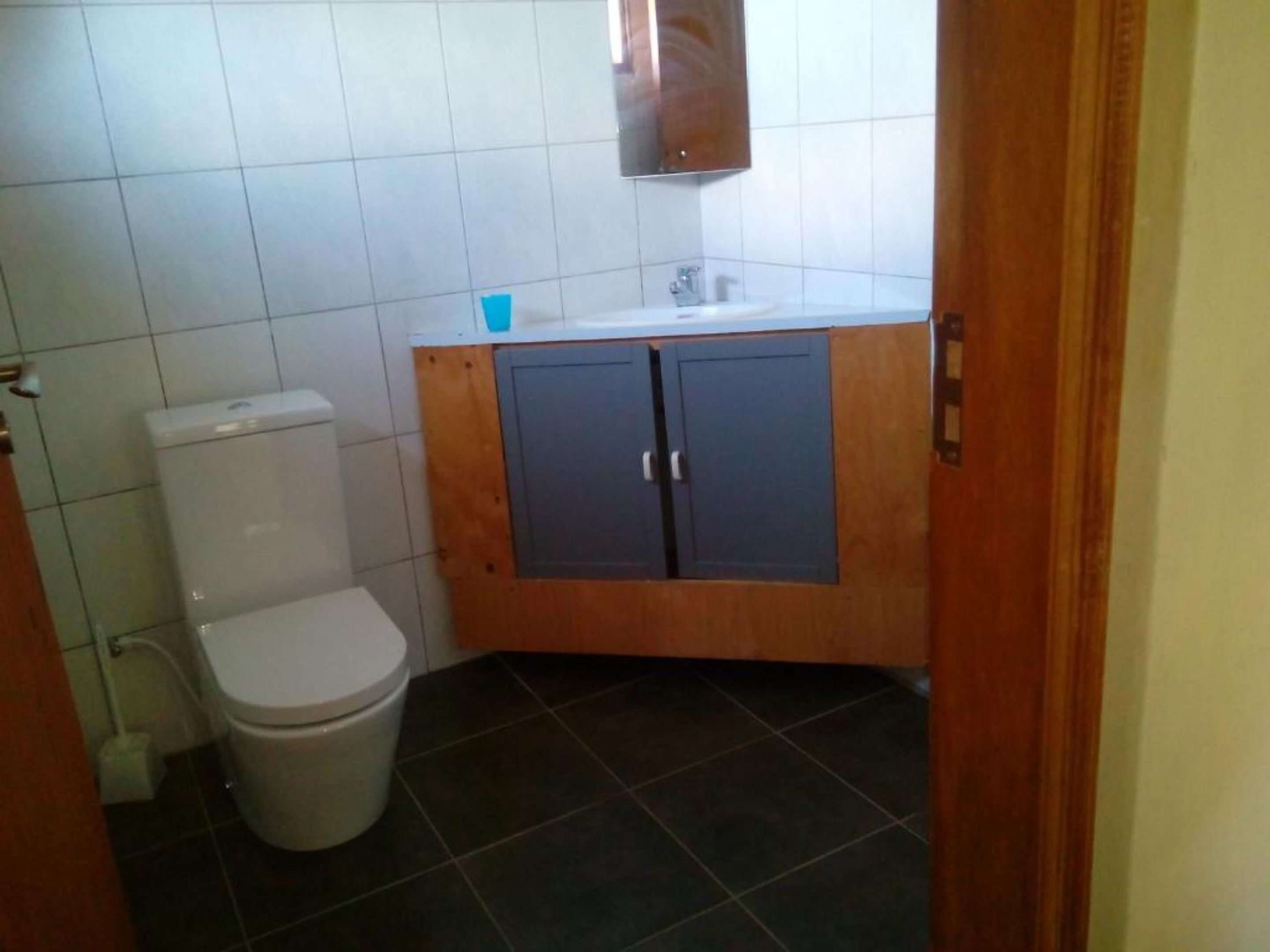 A small bathroom with a toilet, a sink, and a cabinet.