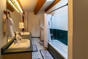 Bathtub, hair dryer, bidet, towels