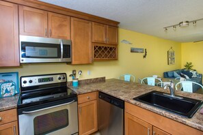 Fridge, microwave, dishwasher, coffee/tea maker