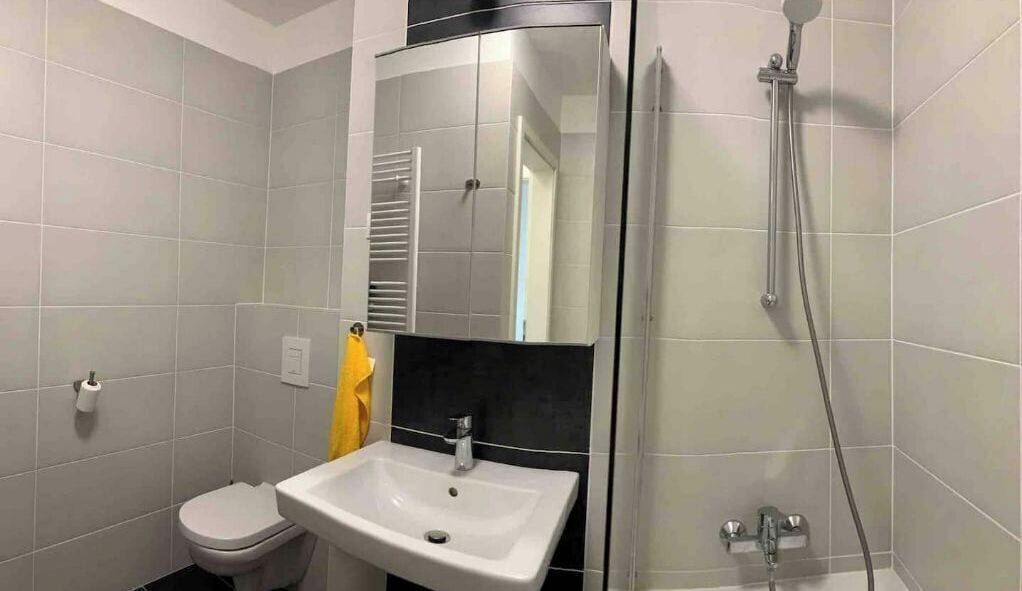 Ducha y bañera combinadas, secador de pelo, toallas y jabón