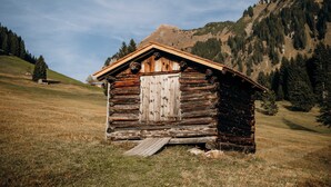 A rustic log cabin with a wooden door and a small porch, surrounded by a grassy field and mountains in the background. - Vacation cottage FuchsbAU, Austria (Au)