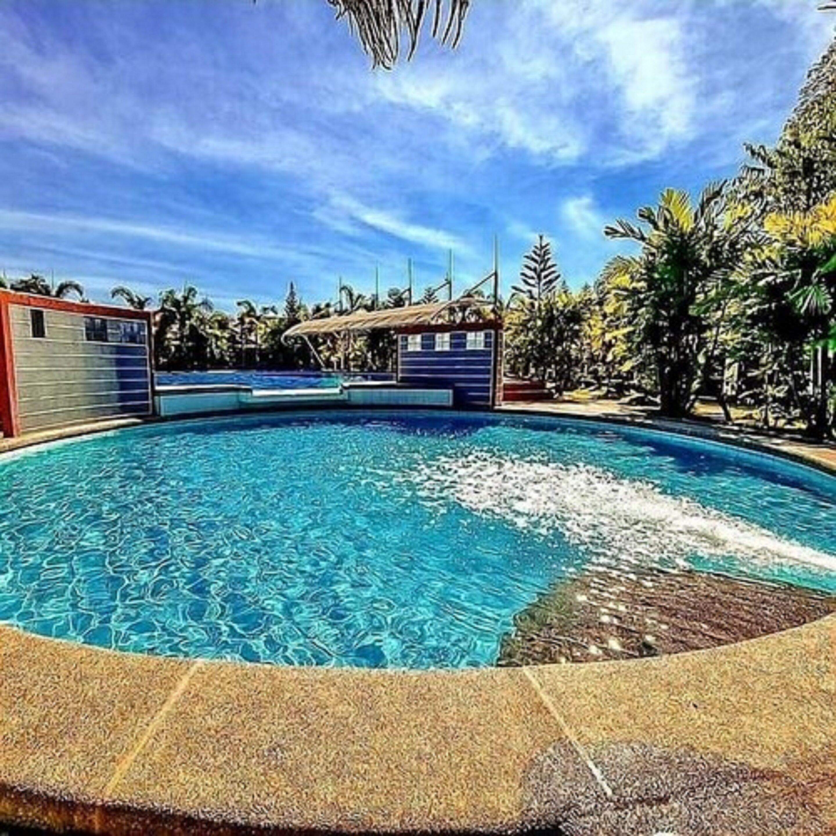 Une piscine à l’eau d’un bleu limpide, entourée de palmiers et bordée d’un ciel dégagé.