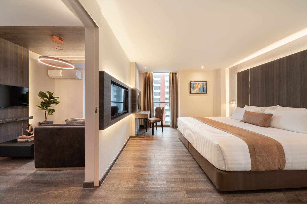 A modern hotel room with a large bed, a TV, a desk, and a plant.