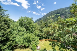 A mountainous landscape with dense forest and a clear sky.