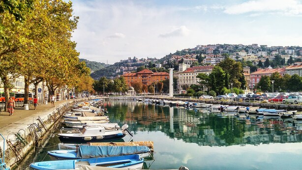 A marina with boats docked along a waterfront, a statue in the center, and buildings in the background.