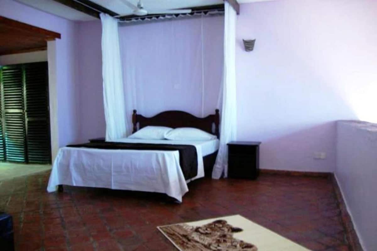 A bedroom with a bed, a nightstand, a mosquito net, and a patterned rug.