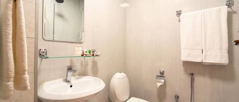 A bathroom with a sink, toilet, and shower.