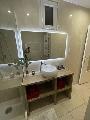Bathroom features a large mirror, a white sink, and a shower area.
