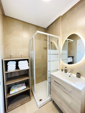 Combined shower/tub, hair dryer, bidet, towels