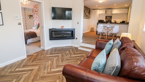 A modern living room with a herringbone wood floor, a leather sofa with cushions, a flat-screen TV mounted on the wall, and a fireplace. - The Chalet (Tyn-y-Gongl)