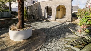 A stone building with a gravel courtyard, a large potted tree, and a small archway leading to a room. - The Chalet (Tyn-y-Gongl)