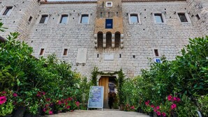 Un edificio histórico de piedra con una entrada central, flanqueada por macetas con plantas y flores.