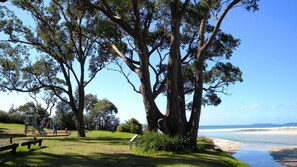 Ein Park mit großen Bäumen, einem Spielplatz und Blick auf einen Strand.