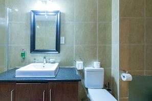 A bathroom with a sink, mirror, toilet, and a towel rack.