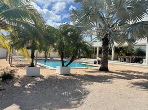 A pool area with palm trees, lounge chairs, and a clear sky.
