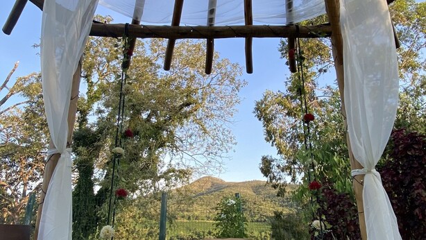 A wooden pergola structure with white fabric drapes and hanging plants. - Pousada Vale do Chapéu (Capitólio)