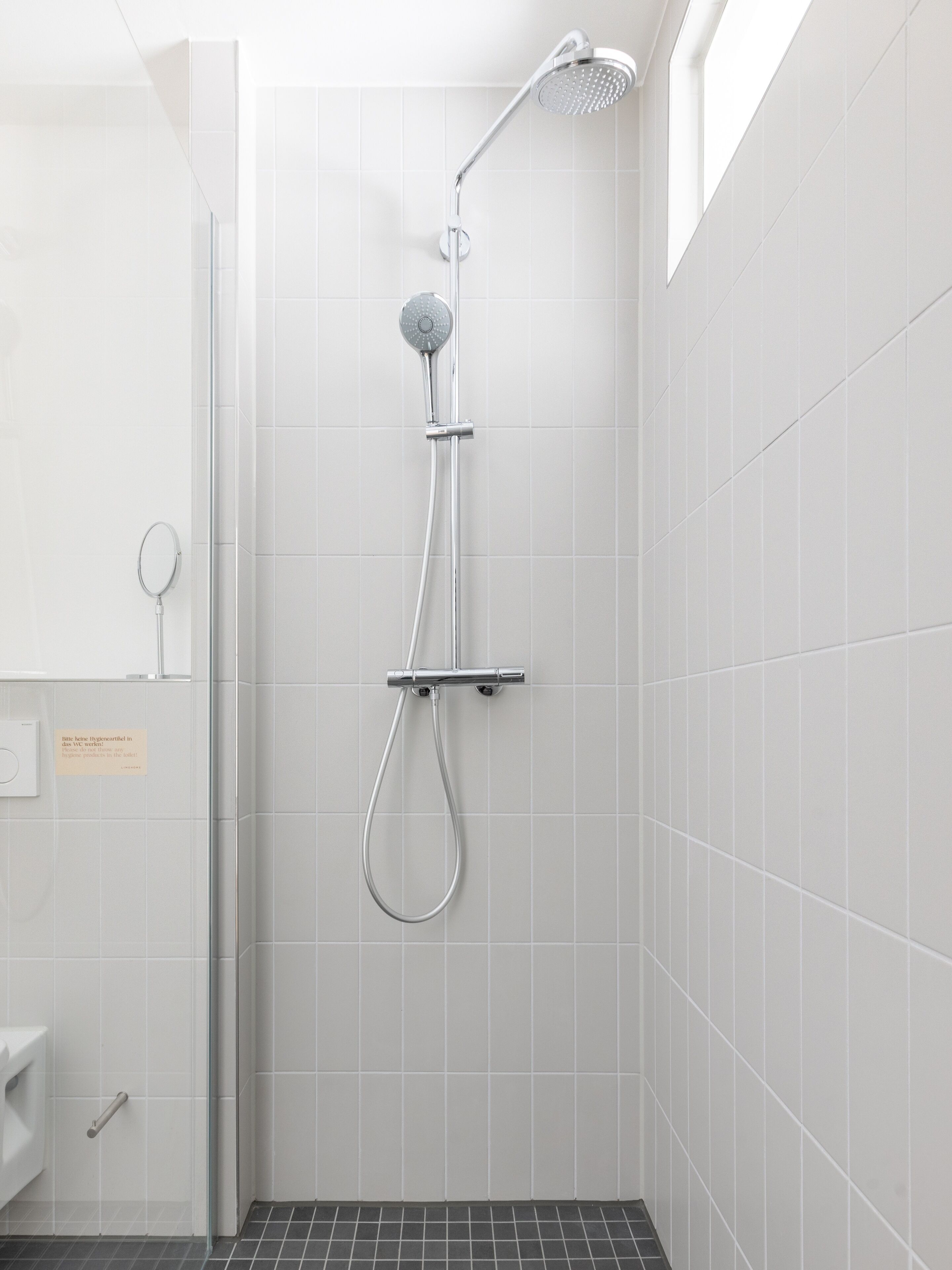 A modern bathroom with a shower, a toilet, and a mirror.