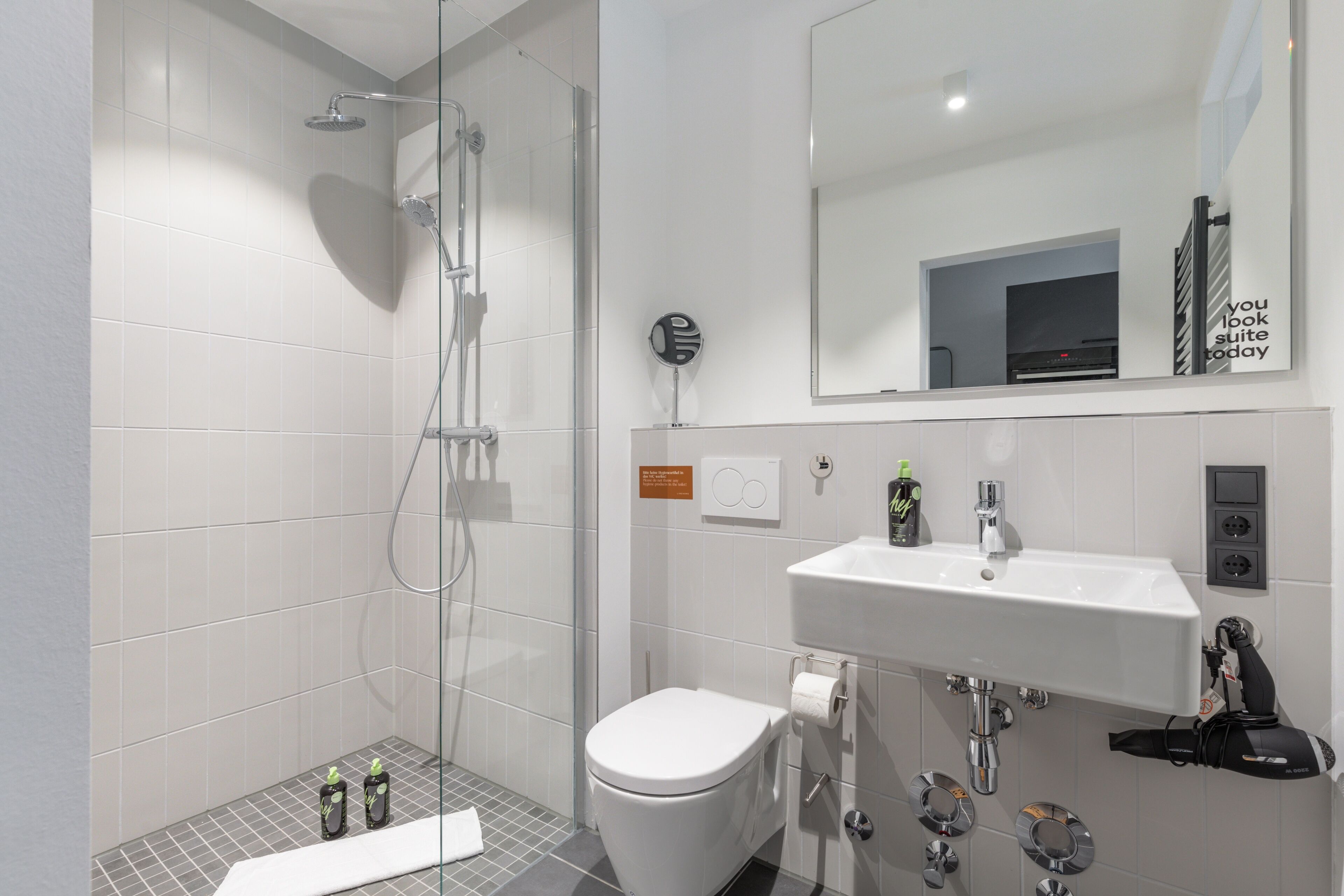 A modern bathroom with a glass shower enclosure, a white toilet, and a sink with a mirror above it.