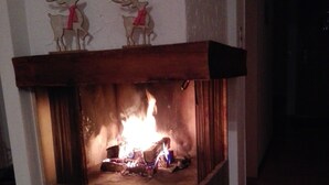 Une cheminée avec un foyer en pierre et une étagère en bois.