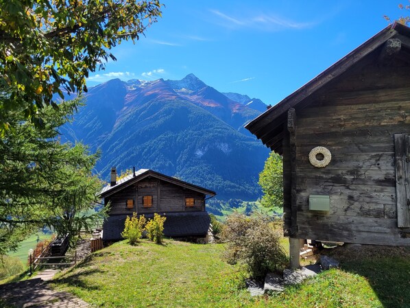 A wooden cabin with a view of a mountain range.