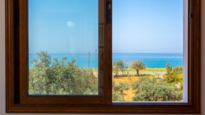 A window with a view of the sea and vegetation.