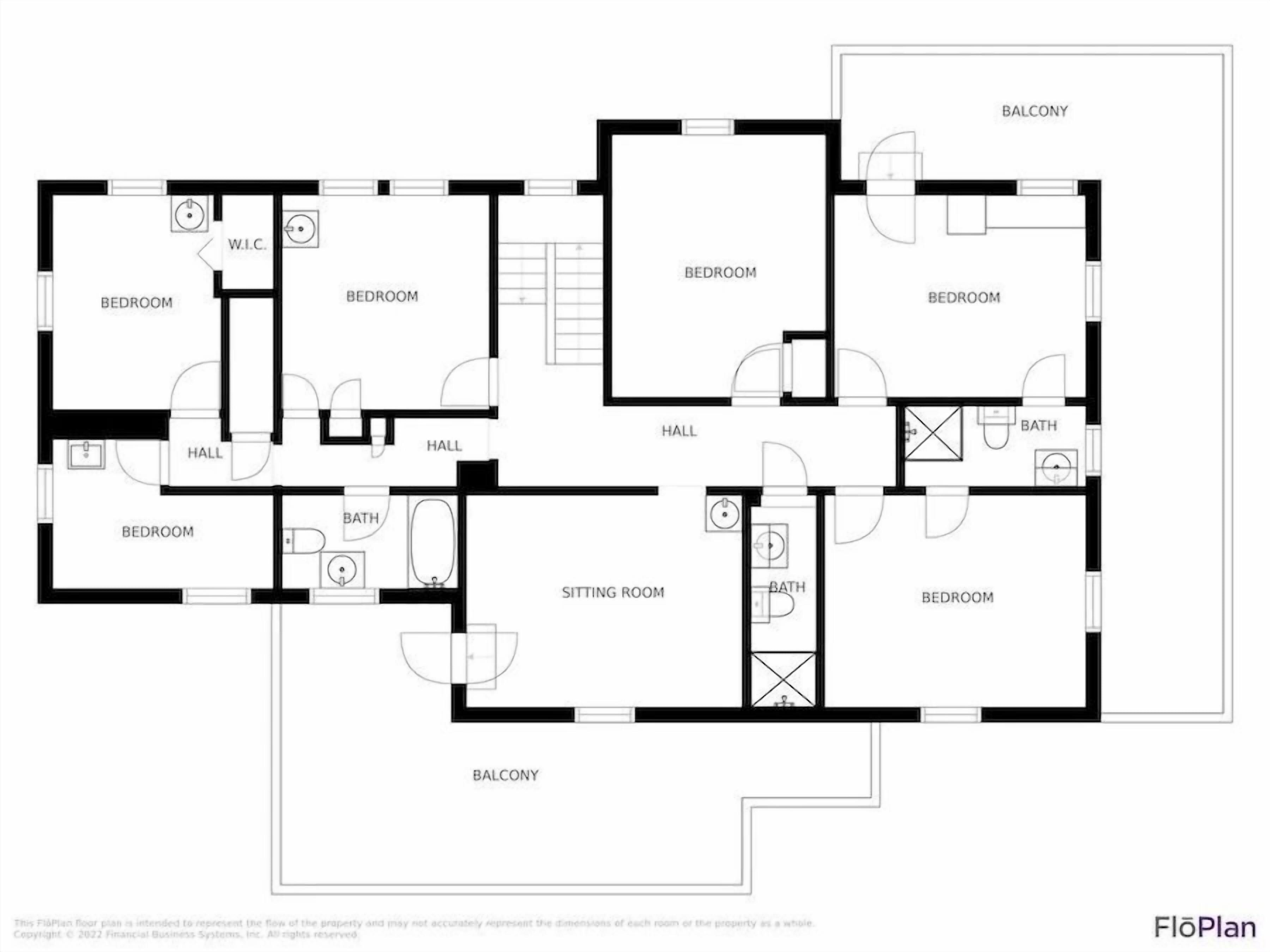 A floor plan of a property with multiple bedrooms, a sitting room, two bathrooms, a hall, and a balcony.