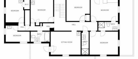 A floor plan of a property with multiple bedrooms, a sitting room, two bathrooms, a hall, and a balcony.