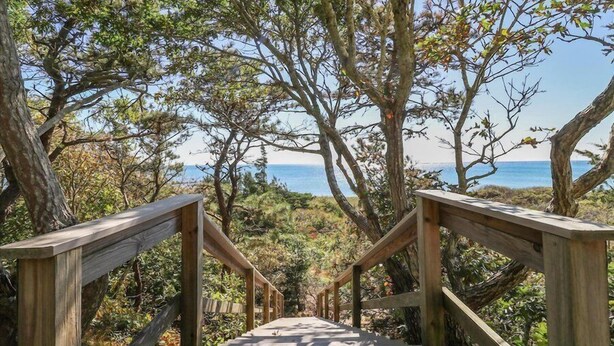 Eine Holztreppe führt zu einer Aussichtsplattform mit Blick auf eine Küstenlandschaft, Bäume und das Meer.