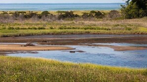 Un paisaje costero con playa, zonas de césped y una masa de agua.