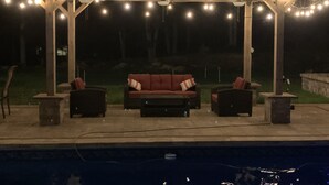 An outdoor patio area with a covered seating arrangement, a pool, and string lights. - Resort like Backyard-Pool, Putting green, Outside Kitchen, Fire Pit, Bar, Lounge (Hampton Bays)