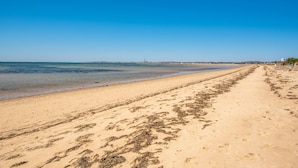 Une vaste plage de sable fin, bordée d’une eau d’un bleu limpide et d’une côte qui s’étend à perte de vue.
